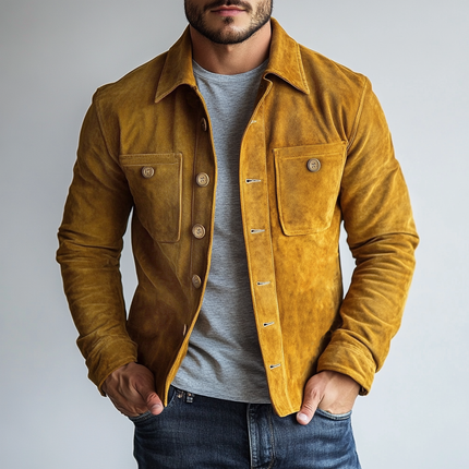 Men's Vintage Suede Jacket | Chest Pocket | Single Breasted | Classic Lapel Collar | Regular Fit | Mid-Length | Long Sleeves | Lightweight | Solid Color | Smart Casual | Ideal for Autumn and Spring