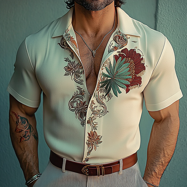 Men's Floral Embroidery Shirt | Short Sleeve | Spread Collar | Casual & Formal | Breathable Fabric | Sizes S-XXXL
