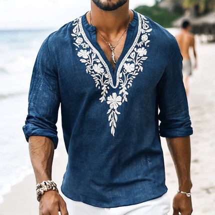 Men's Vintage Henley Shirt | Embroidered Cotton Linen | Long Sleeve Top | Casual Comfort | Breathable Fabric | Versatile Style | Button Details | Multiple Sizes | Ideal for Spring & Autumn | Classic Retro Charm