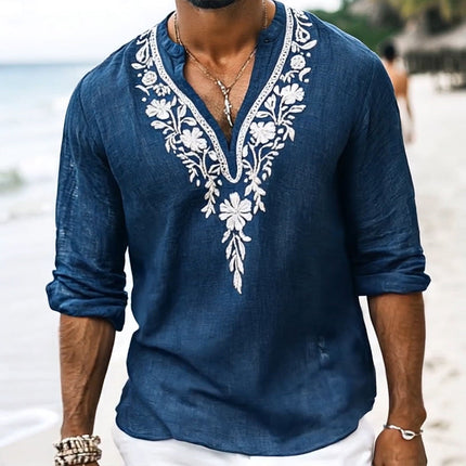Men's Vintage Henley Shirt | Embroidered Cotton Linen | Long Sleeve Top | Casual Comfort | Breathable Fabric | Versatile Style | Button Details | Multiple Sizes | Ideal for Spring & Autumn | Classic Retro Charm