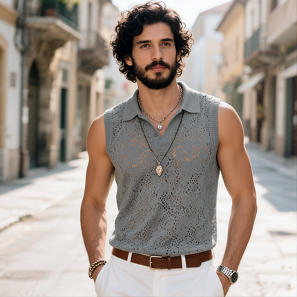 Men's Lace Lapel Sleeveless Tank Top | Casual Wear | Soft Breathable Fabric | Stylish Design | Comfortable Fit | Elegant Lace Detailing | Perfect for Warm Days | Fashionable Men's Top