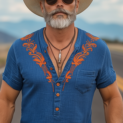 Men's Casual Retro Western Cowboy T-Shirt | Cotton Linen Blend | Embroidered Henley Collar | Short Sleeve Top | Spring Summer Vacation Style | Breathable Fabric | Comfortable Fit