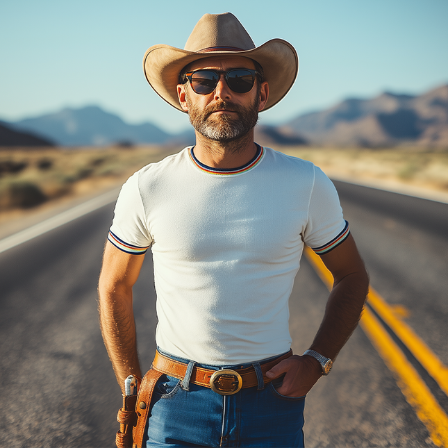 Men's Retro Western Style T-Shirt | Cotton Blend | Slim Fit | Colorful Ribbon | Short-Sleeved | Casual Cowboy Stitching | Vintage-Inspired | Breathable & Comfortable | Ideal for Everyday Wear