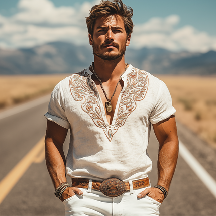 Men's Casual Cotton Linen Shirt | Embroidered Retro Western Henley Collar | Summer Fashion | Breathable Short Sleeve Top