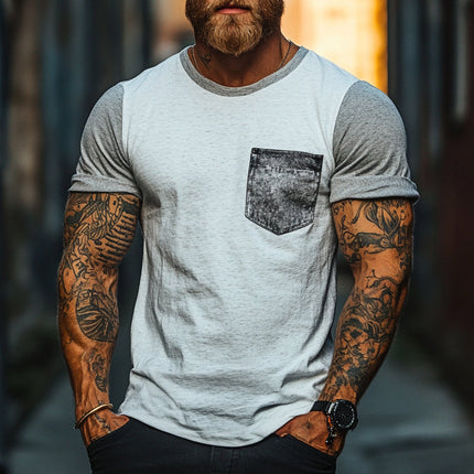Men's Summer T-Shirt | Splicing Design | Printed Patterns | Short Sleeve | Round Neck | Breathable Fabric | Relaxed Fit | Vibrant Style | Casual Wear | Versatile | Summer Clothing | MTA0837E0X
