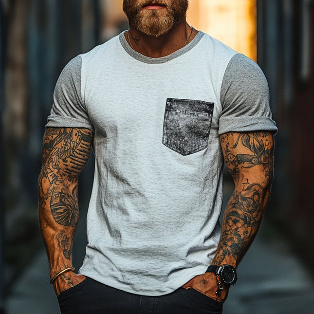 Men's Summer T-Shirt | Splicing Design | Printed Patterns | Short Sleeve | Round Neck | Breathable Fabric | Relaxed Fit | Vibrant Style | Casual Wear | Versatile | Summer Clothing | MTA0837E0X