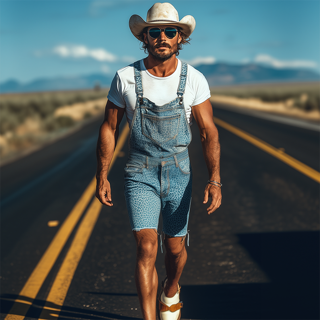 Men's Retro Cowboy Style Denim Overalls | Washed Denim | Leopard Print | Knee-Length | Spring Summer Fashion | Western Cowboy Vintage | Unique Distinctive Rugged Design | Comfortable and Stylish