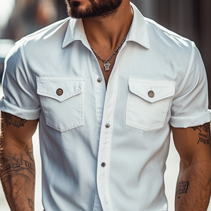 Men's Slim Fit Short Sleeve Shirt | Classic Casual Solid Color | Polyester Cotton Blend | Multi-Pocket Design | Comfortable & Durable | Perfect for Everyday Wear