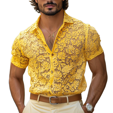 Men's Casual Shirt | Short Sleeve | Lace Lapel Detailing | Button-Front Closure | Relaxed Fit | Soft Breathable Fabric | Elegant Design for Casual Outings & Social Events | Comfortable Cotton Blend | Multiple Sizes