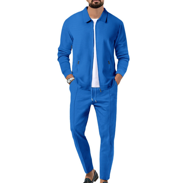 Men's Waffle Textured Solid Color Jacket | Tailored Lapel | Straight-Leg Pants | Breathable Fabric | Versatile Suit Set for Spring & Autumn | Sophisticated & Comfortable | Functional Pockets