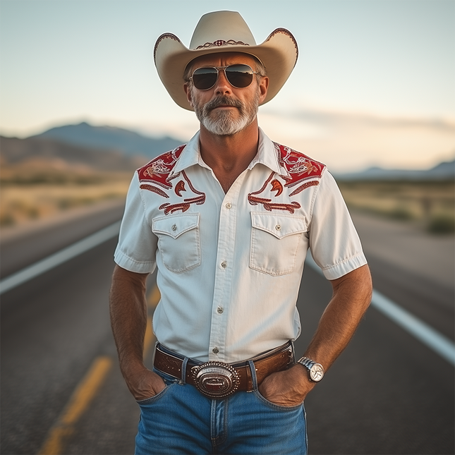 Men's Retro Western Cowboy Shirt | Contrast Cotton Linen Blend | Short Sleeve | Embroidery Detail | Spring Summer Fashion | Breathable Casual Top
