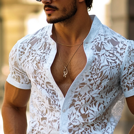 Men's Casual Shirt | Short Sleeve | Stand Collar with Lace Detail | Breathable Fabric | Button-Front | Elegant Design | Perfect for Casual Outings & Social Events | Comfort Fit | Stylish Weekend Wear