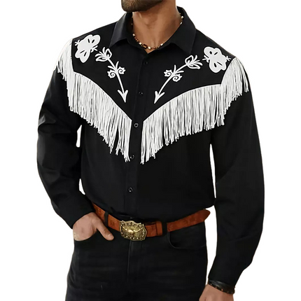 Men's Black Long Sleeve Shirt | Embroidered Tassel Accents | Casual Bohemian Style | Cotton Material | Lapel Collar | Button-Down Closure | Regular Fit | Versatile Fashion for Year-Round Wear