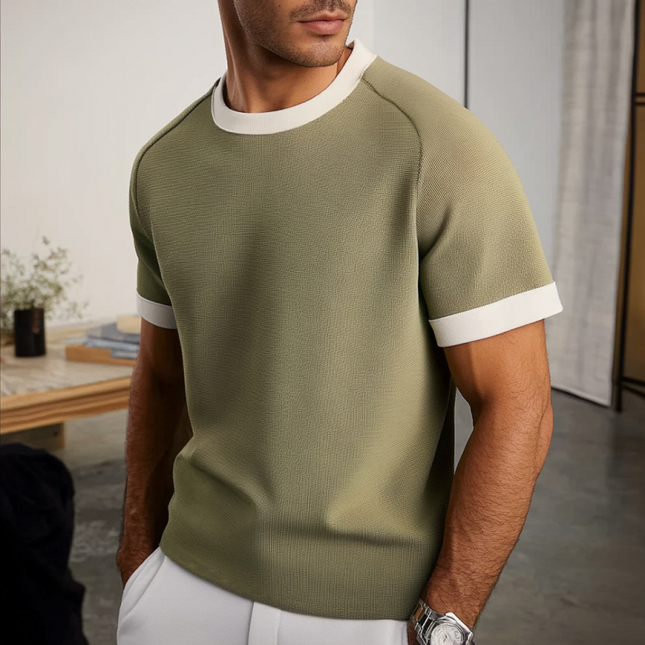 Men's Slim Fit Knitted Sweater T-Shirt | Contrast Color Raglan | Short Sleeve | Round Neck | Casual Athleisure Style | Soft Stretchy Fabric | Versatile Fashion | Breathable Knit
