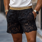 Gold Elastic Waist Lace Accents Men's Casual Shorts | Relaxed Fit | Breathable Fabric | Lightweight Comfort | Trendy Summer Wear | Versatile | Stylish Warm Weather Outfits | Multiple Sizes Available