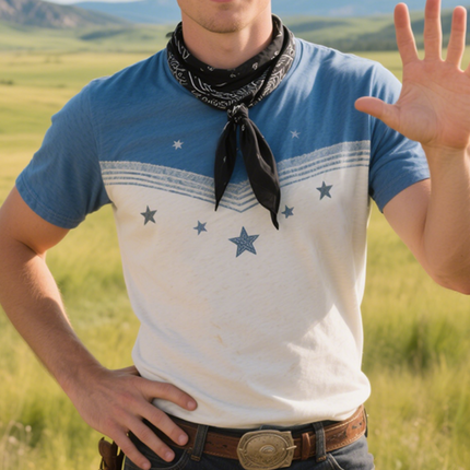 Men's Star Print T-Shirt | Retro Western Cowboy Style | Casual Summer Top | Short Sleeve | Round Neck | Breathable Cotton Blend | Vintage Design | Outdoor Adventure | Size S-3XL