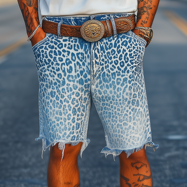 Men's Denim Shorts | Retro Western Cowboy Style | Washed Gradient | Leopard Print | Loose Fit | Raw Edge Finish | Summer Fashion | Casual Comfort | High-Quality Fabric | Trendy Raw Hem | Bold Modern Design