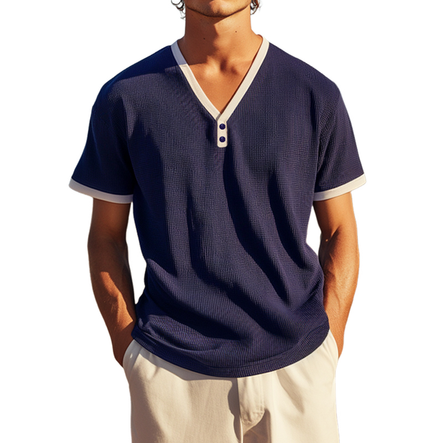 Men's Cotton Blend Waffle T-Shirt | Color Block Design | Deep V Neck | Loose Fit | Short Sleeve | Casual Style | Breathable & Soft Fabric | Versatile for Outdoor Activities & Casual Outings