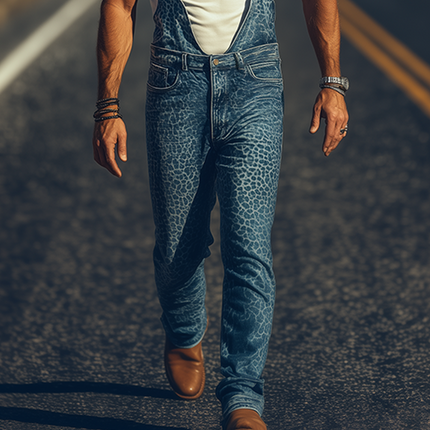 Men's Retro Western Style Overalls | Washed Denim Leopard Print | Spring Summer Fashion | Adjustable Straps | Rugged Cowboy Charm | Bold Streetwear Flair | High-Quality Material | Stylish and Comfortable