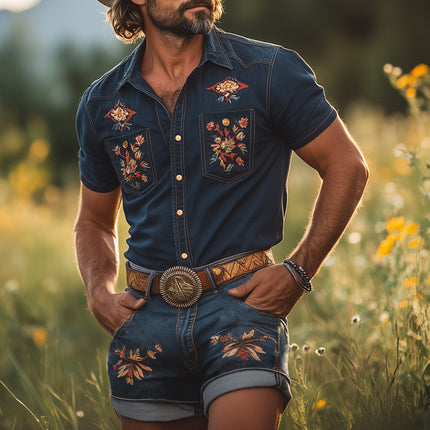 Men's Retro Embroidered Denim Shirt and Shorts Set | Summer Fashion | Casual Short Sleeve | Vintage Style | Lightweight Breathable Fabric | Classic Collar | Practical Pockets | Easy Care Machine Washable