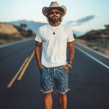 Men's Retro Western Cowboy Shorts | Leopard Print | Washed Denim | Loose Fit | Raw Edge Hem | Casual Style | Spring and Summer Fashion