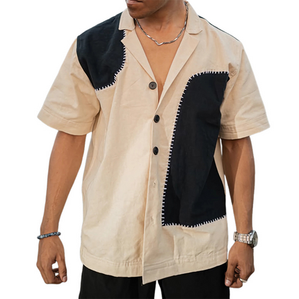 Men's Cotton Shirt | Casual Loose Fit | Contrast Patchwork Design | Short Sleeves | Breathable Fabric | Comfortable Streetwear | Turn-Down Collar | Premium Quality | Fashionable and Unique Style | Versatile Men's Top