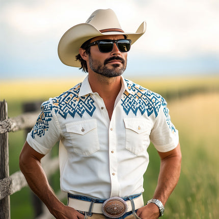 Men's Western Cowboy Shirt | Aztec Print | Short Sleeve | Vibrant Patterns | Cotton Blend | Relaxed Fit | Classic Lapel Collar | Button-Up Front | Casual Summer Clothing | Sizes Available