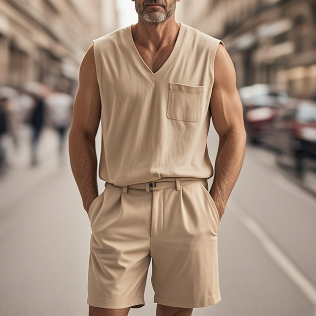 Men's Casual Cotton V-Neck Tank Top & Shorts Set | Sleeveless | Chest Pocket | Breathable Summer Loungewear | Relaxed Fit | Elastic Waistband | Versatile Outdoor & Home Wear
