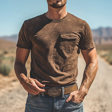 Men's Vintage Western Round Neck T-Shirt | Short Sleeve | Classic Retro Design | Comfortable Fit | Casual Wear | Breathable Material | Stylish Patterns