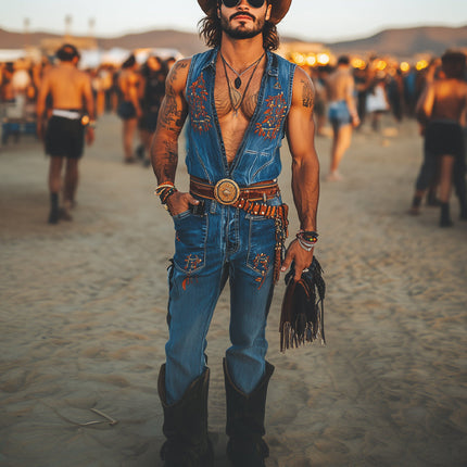 Men's Western Denim Jumpsuit | Embroidered Detailing | High-Quality Fabric | Durable Classic Style | Button Front | Multiple Pockets | Tailored Fit | Versatile Fashion | Modern Cowboy | Unique One-Piece Outfit