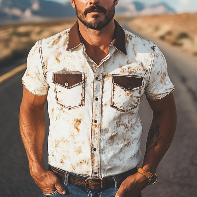 Men's Western Cowboy Shirt | Colorblock Print | Short Sleeve | Snap-Button Closure | Premium Cotton Blend | Point Collar | Regular Fit | Vibrant Design | Casual & Stylish | Ideal for Warm Seasons | MTA1370E7U