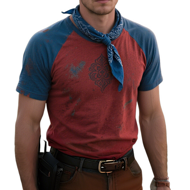 Men's Retro Casual Western Cowboy T-Shirt | Colorblock Print | Round Neck Short Sleeve | Breathable Cotton | Sizes S-3XL | Classic Comfort for Casual Outings