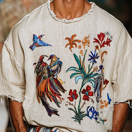 Men's Embroidered Cotton & Linen T-Shirt | Round Neck | Short Sleeves | Casual & Breathable | Stylish & Comfortable | Elegant Embroidery