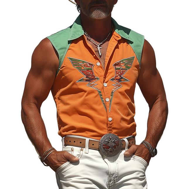 Men's Sleeveless Western Shirt | Cotton Blend | Embroidered | Contrast Stitching | Retro Cowboy Style | Slim Fit | Spring & Summer Fashion
