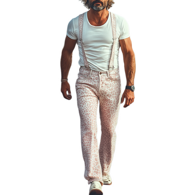Men's Overalls | Spring and Summer Fashion | Retro Western Cowboy Style | Washed Denim with Pink Leopard Print | Detachable Straps | Unique Personality | Stylish and Functional