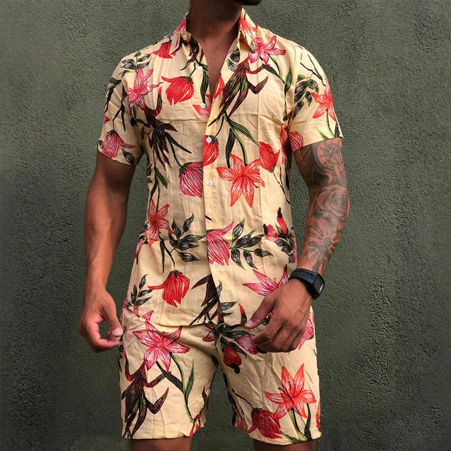 Men's Hawaiian Floral Print Two-Piece Set | Retro Casual Short Sleeve Shirt & Shorts | Notched Lapel | Summer Beach Outfit | Lightweight Breathable Fabric | Elastic Waist | Vacation Clothing | Sizes S to 3XL
