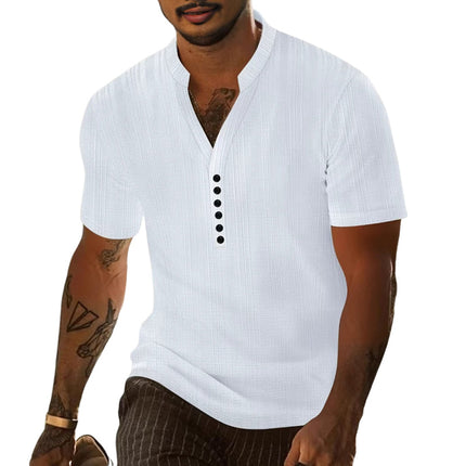 Men's Short Sleeve Solid Color T-Shirt | Casual Pullover with Button Detail | Comfortable Cotton Blend | Modern Fit | Versatile Wardrobe Essential | Stylish Neckline | Ideal for Warm Weather | MTA0625E4X