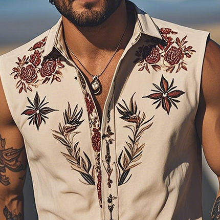 Men's Sleeveless Shirt | Retro Western Style | Embroidery Cotton Blend | Summer Fashion Top | Soft Breathable Fabric | Casual Vintage Look | Comfortable Fit | Versatile Styling | Classic Design