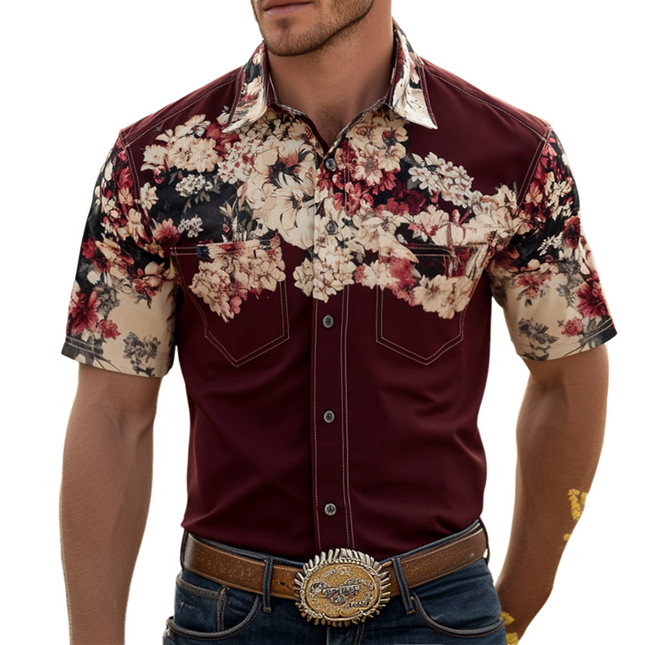 Men's Floral Print Western Cowboy Shirt | Retro Style | Short Sleeve | Lapel Collar | Cotton Blend | Casual Everyday Wear | Vintage Inspired | Perfect for Spring and Summer | Multiple Sizes Available