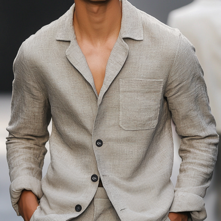 Men's Breathable Linen Long Sleeve Shirt | Casual Notched Lapel with Patch Pocket | Loose Fit | Lightweight for Warm Weather | Relaxed Elegant Style | Perfect for Outdoor Outings & Leisurely Days