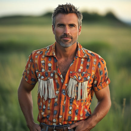 Men's Retro Tassel Short Sleeve Shirt | Vintage Print | Cotton | Lightweight Breathable Fabric | Relaxed Camp Collar | Casual Summer Style | Music Festival & Beach Party | Sizes S to 3XL