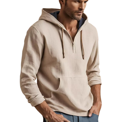 Men's Casual Hoodie | Apricot | Cotton Linen Blend | Relaxed Fit | Long Sleeve Pullover | Hooded with Drawstring | Kangaroo Pocket | Lightweight Breathable Outerwear | Effortless Style