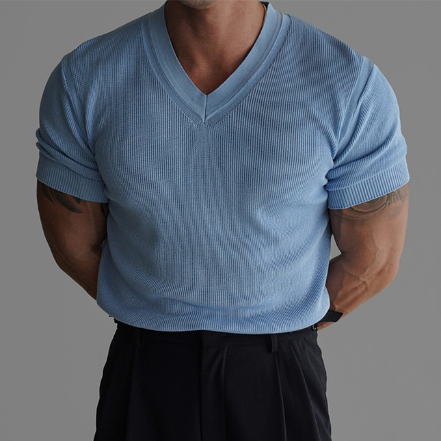 Men's Slightly Stretch V Neck Short Sleeve T-shirt | Soft Elastic Fabric | Comfortable Fit | Versatile Design | Casual and Layering Essential | Modern Sophisticated Look | Multiple Sizes Available