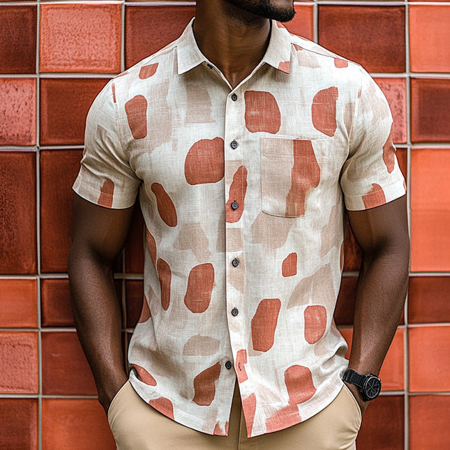 Men's Retro Linen Shirt | Geometric Contrast Print | Short Sleeve | Lapel Collar | Casual Style | Breathable | Summer Essentials | Lightweight Comfort | Versatile Outfit | Multiple Sizes Available