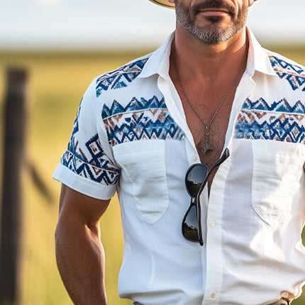 Men's Western Cowboy Shirt | Aztec Print | Short Sleeve | Classic Lapel Collar | Cotton Blend | Button-Up Front | Relaxed Fit | Vibrant Patterns | Casual Summer Wear | Bold Statement | Multiple Sizes Available