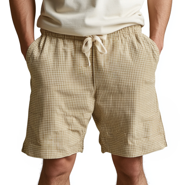 Men's Cotton Blend Shorts | Houndstooth Pattern | Elastic Waist Drawstring | Relaxed Fit | Casual Beachwear | Breathable Fabric | Stylish Summer | Holiday Wardrobe | Sizes Available