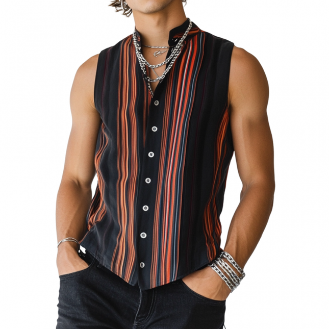 Men's Sleeveless Shirt | Casual Contrast Stripe Print | Stand Collar | Slim Fit | Breathable Lightweight Fabric | Summer Fashion Top