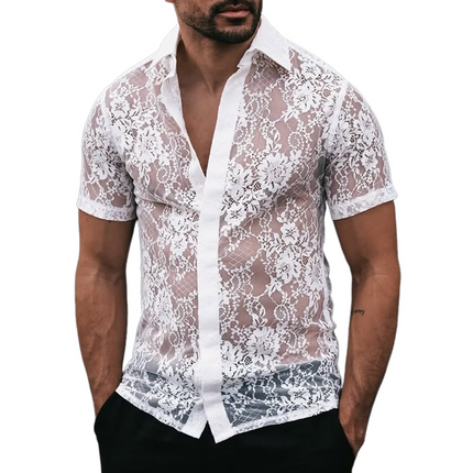 Men's Casual Shirt | Solid Color | Lace Lapel Detail | Short Sleeve | Single Breasted | Comfortable Breathable Fabric | Relaxed Fit | Stylish & Chic | Perfect for Casual & Semi-Formal Events