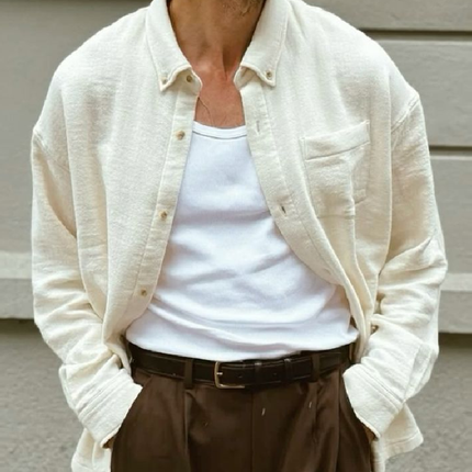 Men's Long Sleeve Cotton Blend Shirt | Casual Loose Fit | Solid Color | Lapel Collar | Patch Pocket | Button-Front | Versatile Everyday Wear | Comfortable & Breathable | Available in Multiple Sizes