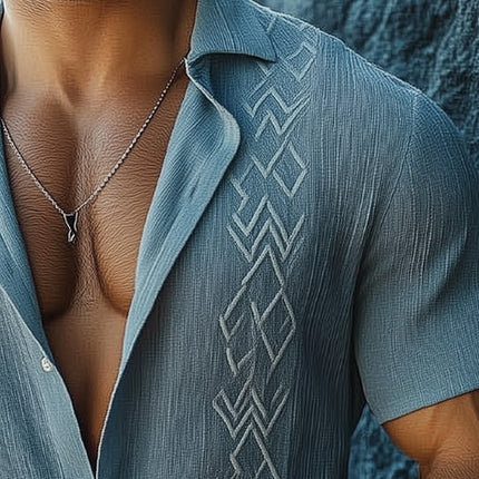 Men's Summer Shirt | Short Sleeve | Casual Texture | Embroidered Design | Lightweight Cotton Blend | Spread Collar | Perfect for Warm Weather | Sizes S to 3XL | Sophisticated & Relaxed Look
